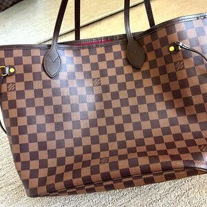 Louis Vuitton Neverfull MM Damier Ebene Handbag Tote Red Inside